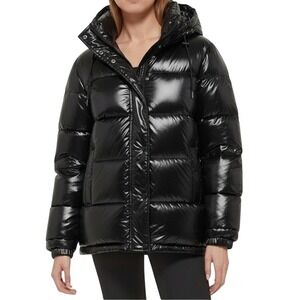 Levis NWT Womens Shiny Black‎ Quilted Bubble Puffer Hooded Jacket XS